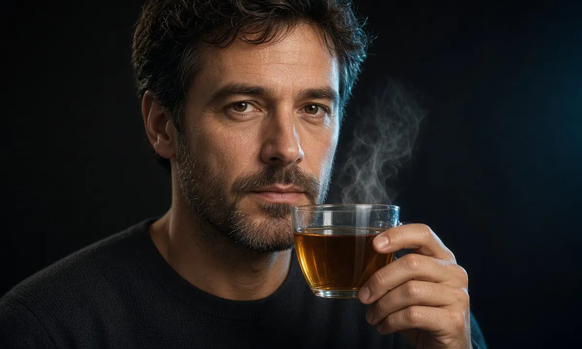 Hombre con taza de infusión de hierbas, luz editorial antracita
