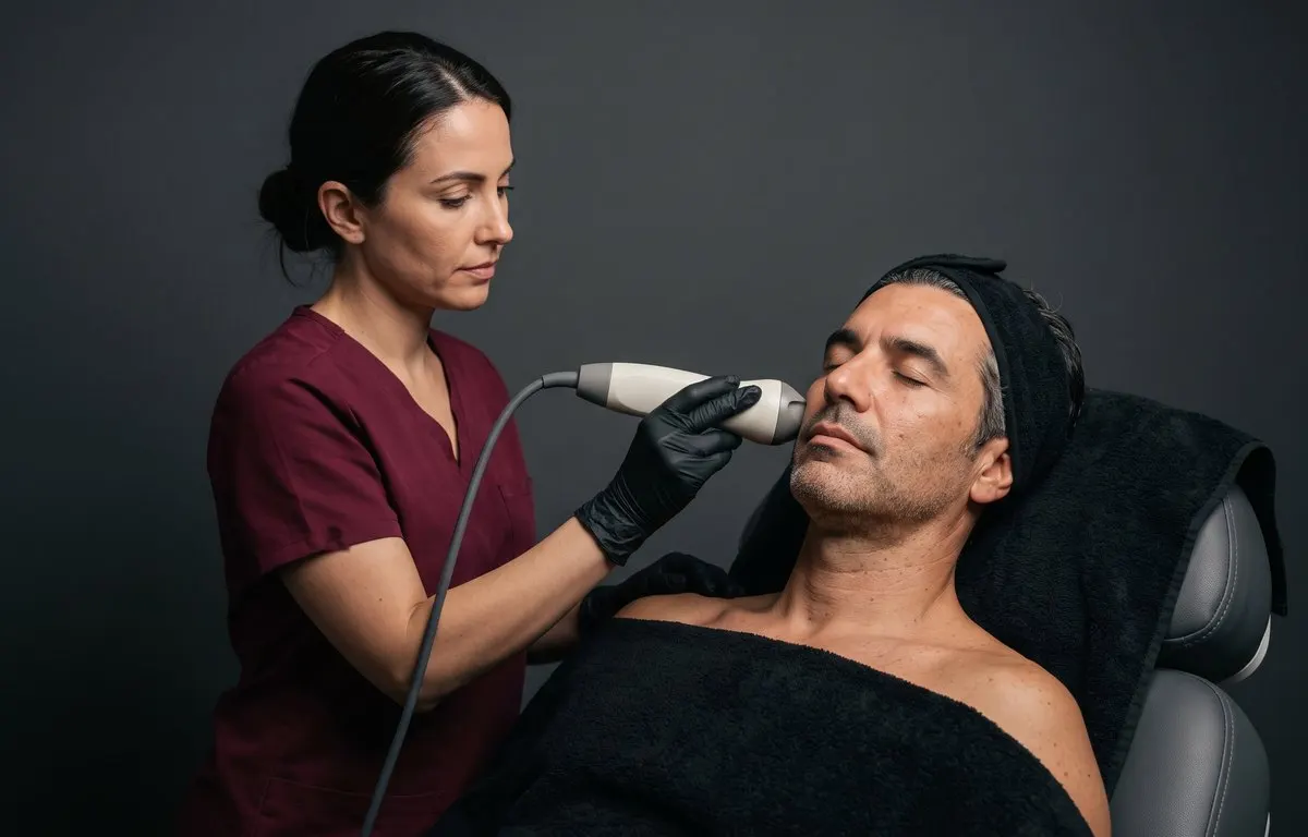 Profesional con guantes negros aplica radiofrecuencia facial en el pómulo de un hombre recostado, fondo antracita