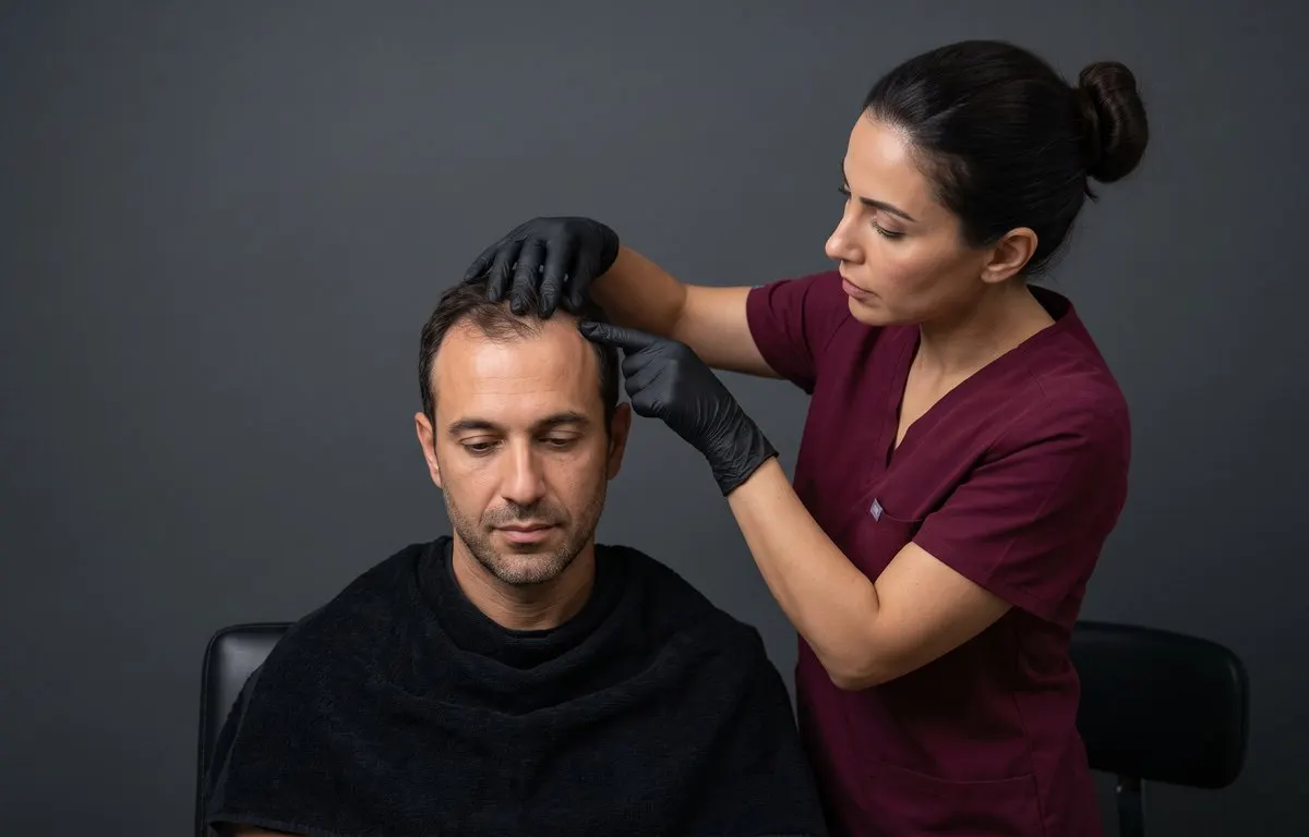 Profesional con guantes negros separa el cabello de la coronilla de un hombre para hacer una valoración capilar, fondo antracita