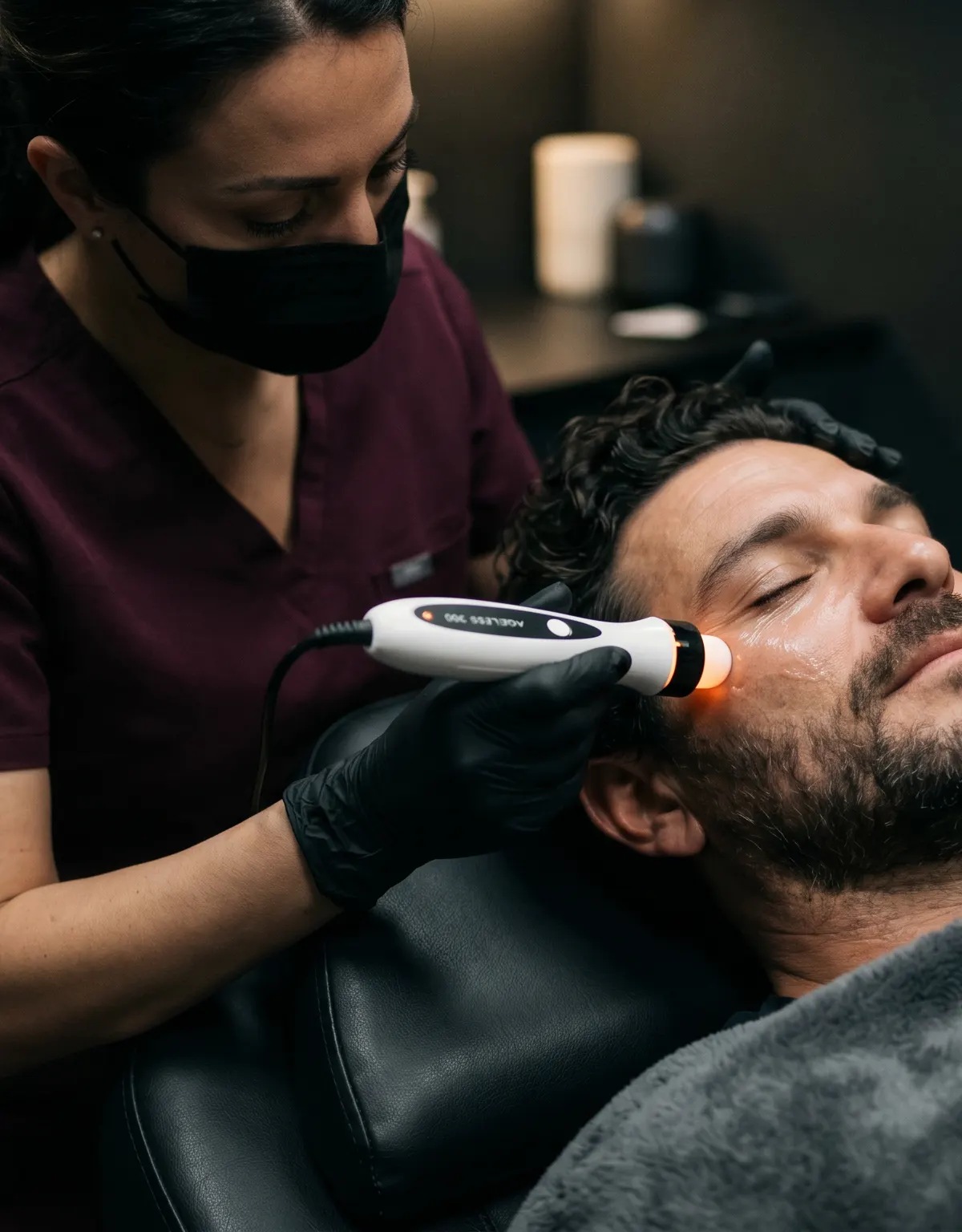Esteticista con uniforme burdeos aplica un tratamiento no invasivo de radiofrecuencia en el contorno de los ojos a un hombre relajado y tumbado, en una cabina oscura y minimalista.