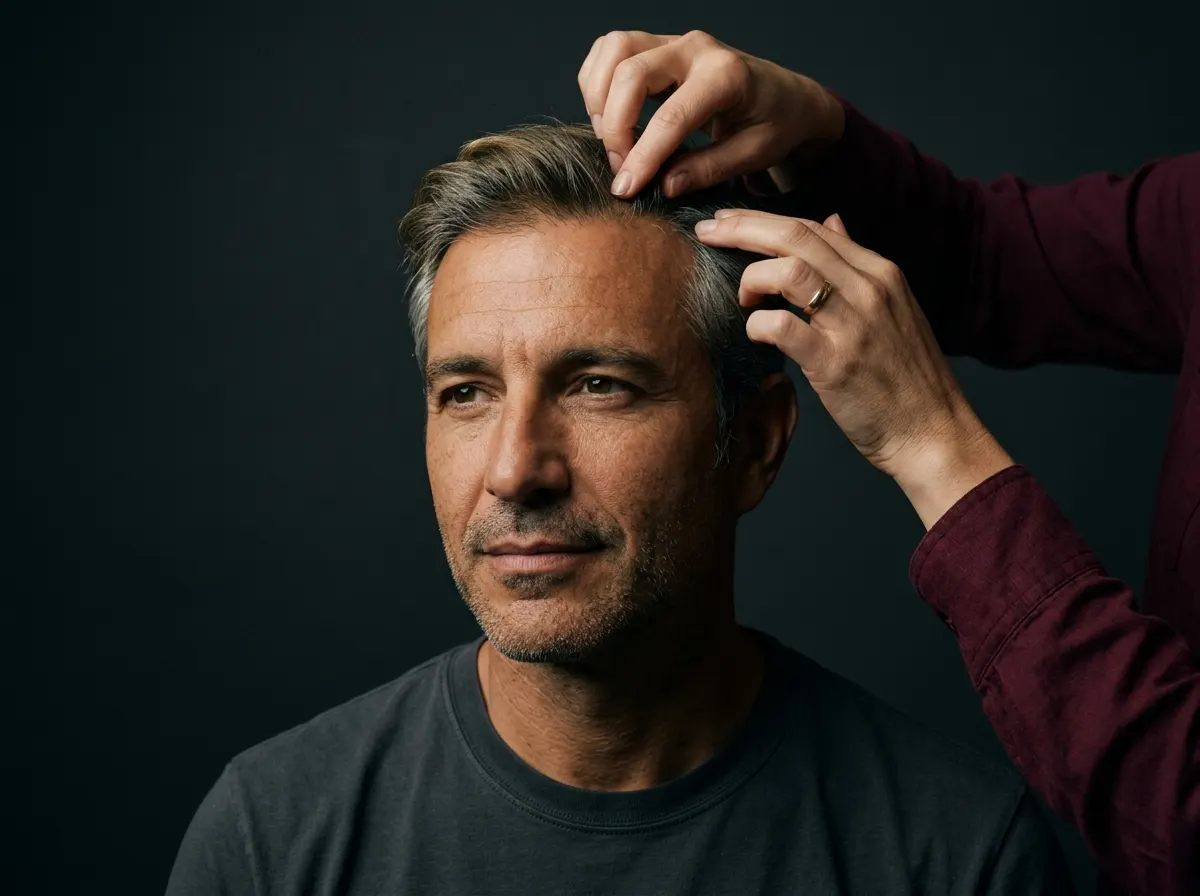 Primer plano de unas manos revisando el nacimiento del cabello de un hombre de unos 50 años.