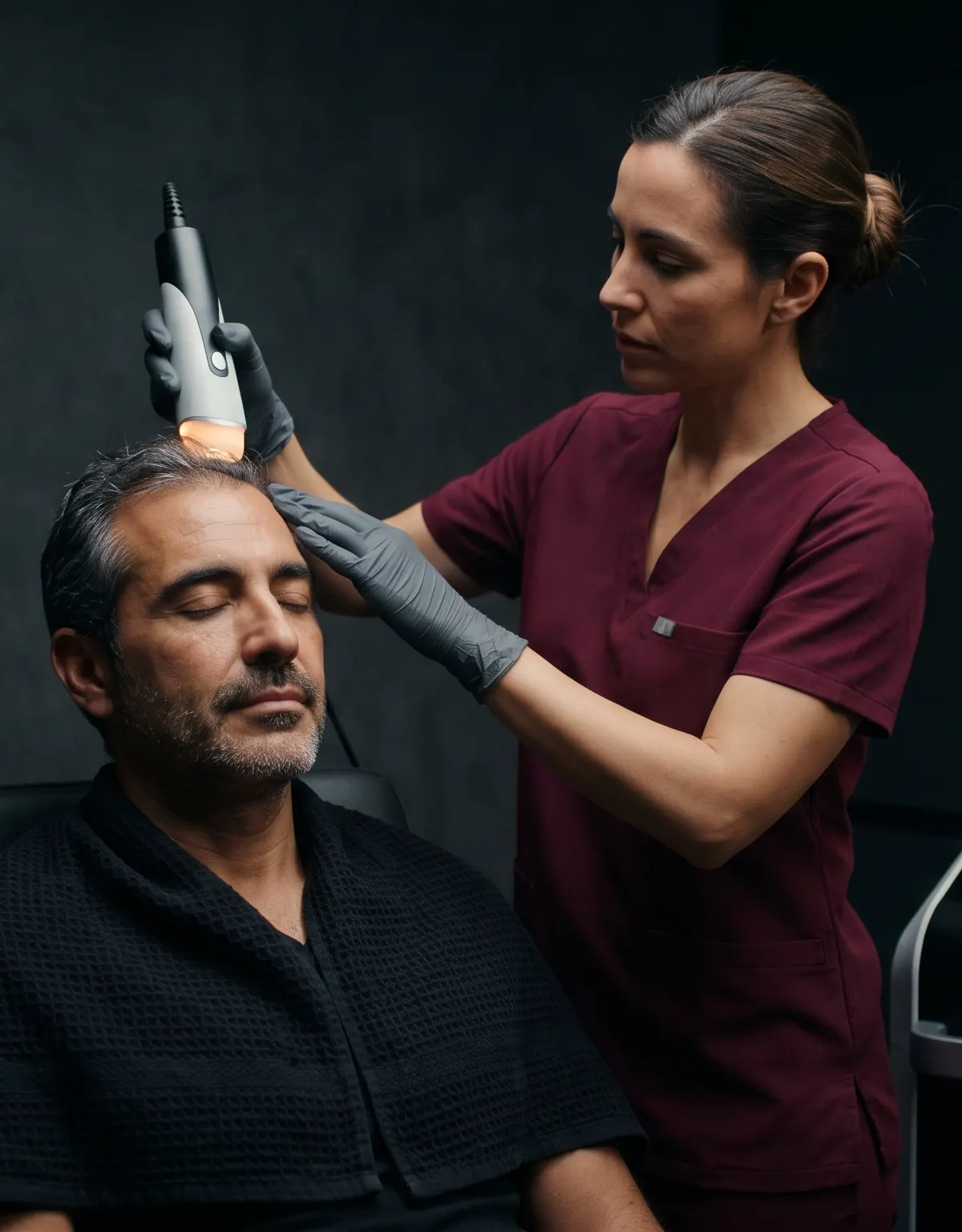 Tratamiento capilar con aparatología no invasiva y esteticista; dispositivo con pantalla, fondo antracita