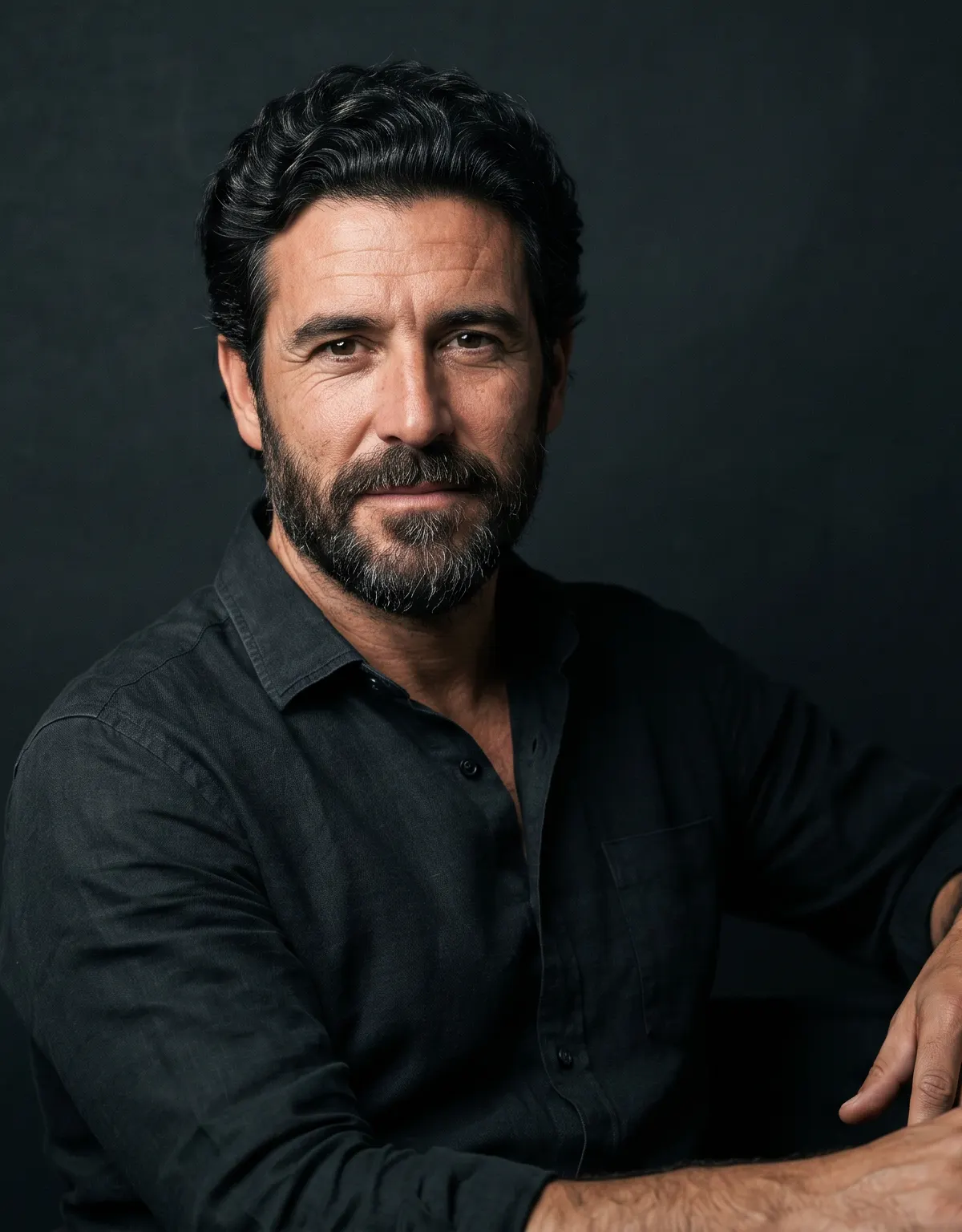 Hombre mediterráneo con cabello sano y cuidado, retrato premium sobre fondo oscuro