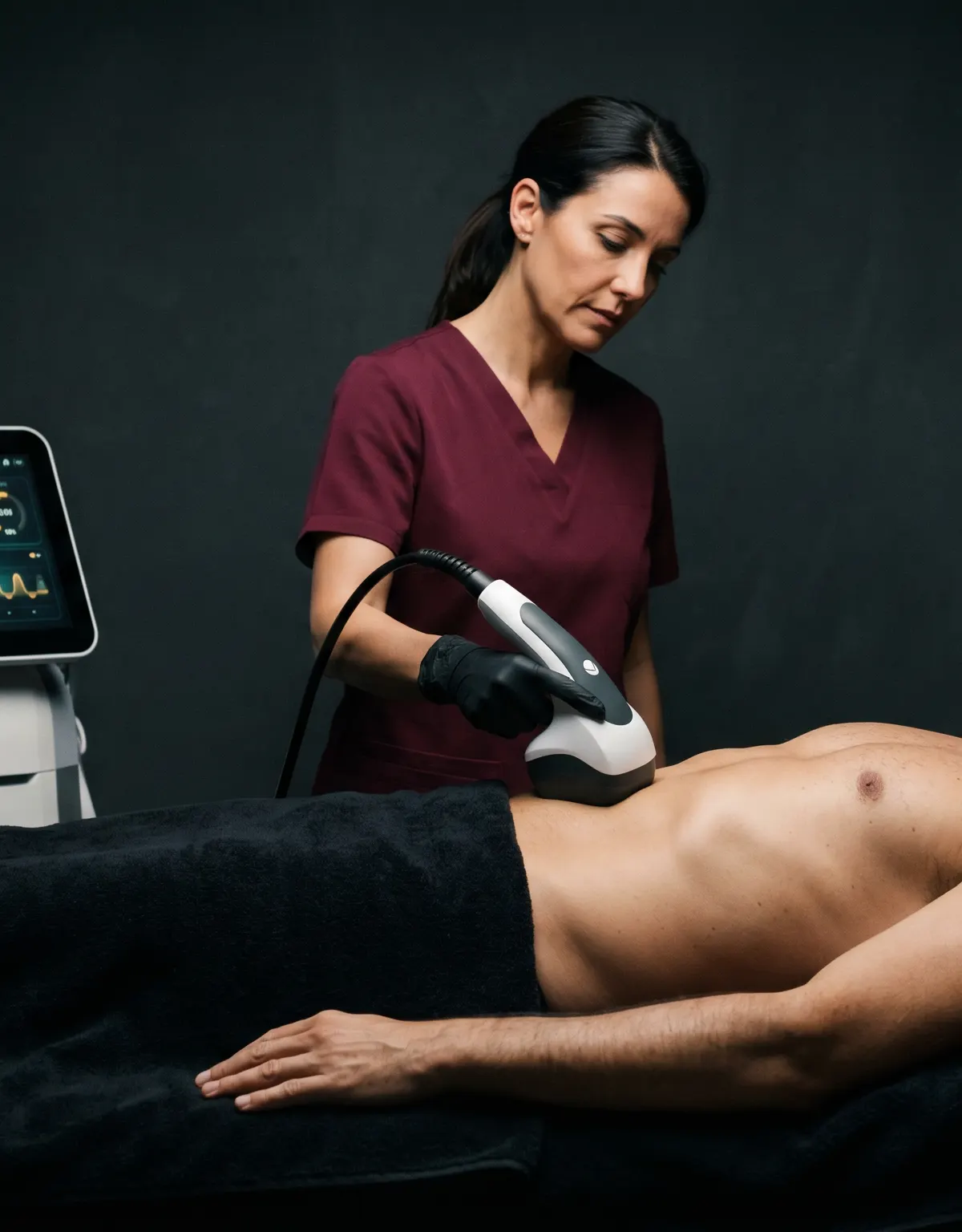 Tratamiento corporal con ultrasonido focalizado (Liposonix) sobre el abdomen; camilla negra, clínica premium oscura