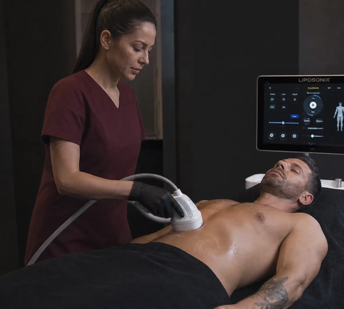 Especialista realizando tratamiento de Liposonix en el abdomen de un hombre en una clínica estética.