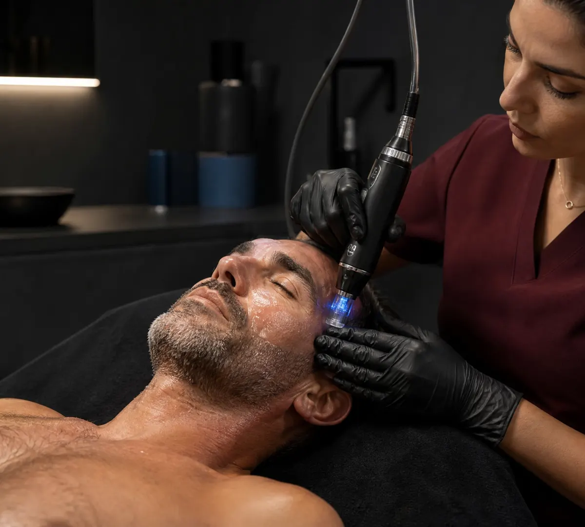 Especialista aplica tratamiento facial con dispositivo de microagujas a un hombre en una clínica estética.
