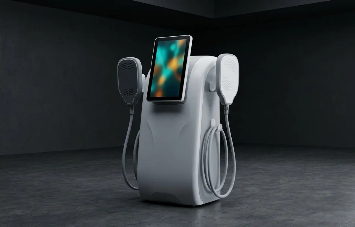 Equipo de electroestimulación corporal gris y blanco con pantalla vertical y dos aplicadores colgados, en una cabina de tratamiento oscura.