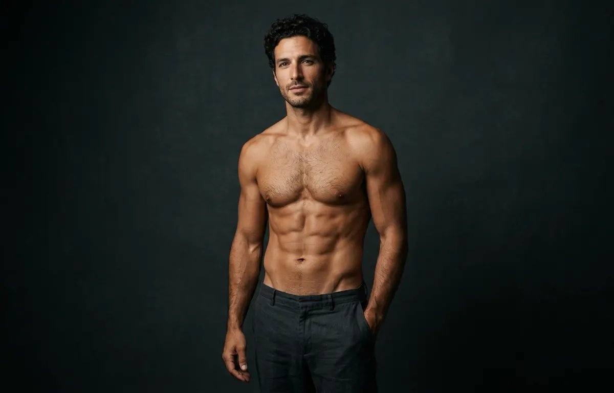 Hombre mediterráneo de torso descubierto con abdomen definido, retrato editorial sobre fondo oscuro anthracite.