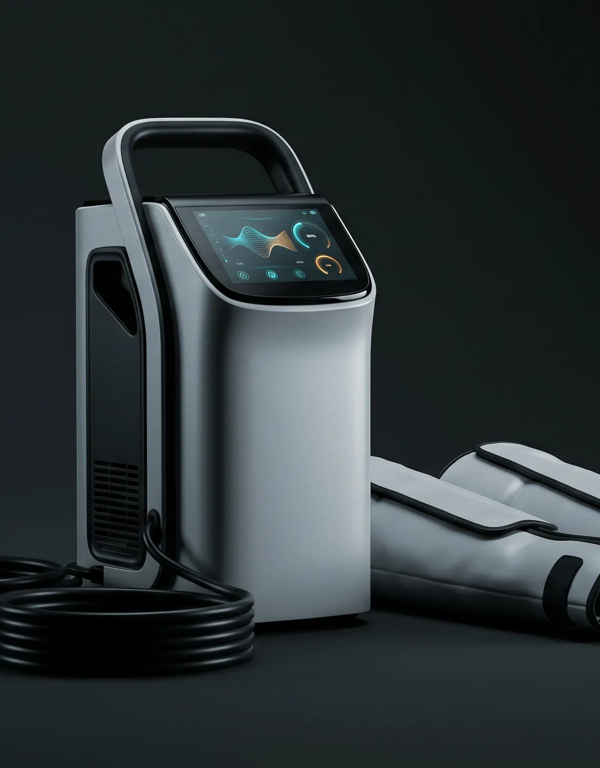 Equipo de presoterapia con botas de compresión y pantalla de control, tecnología para el drenaje