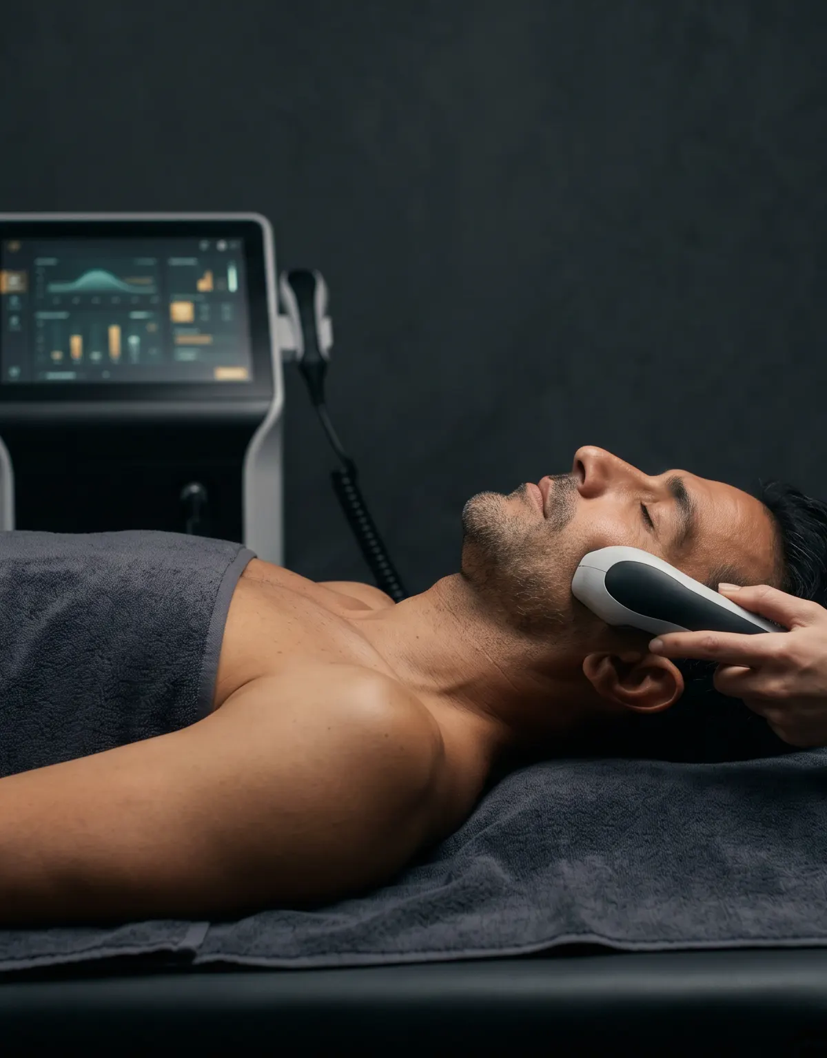 Hombre recibiendo un tratamiento de rejuvenecimiento facial en Champions, esteticista aplicando dispositivo con pantalla de control